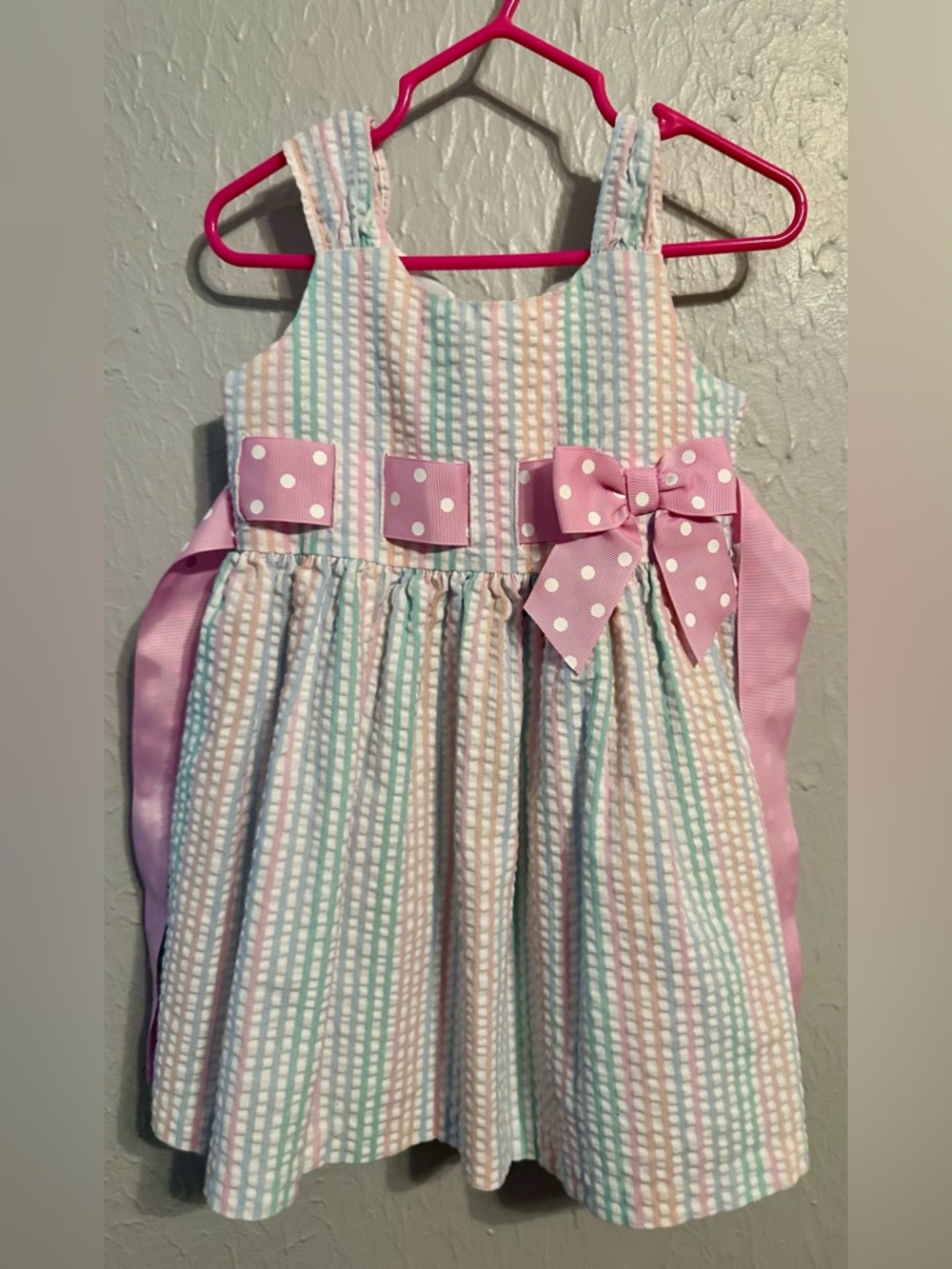 Bonnie Jean Striped Seersucker Dress with Pink Polka Dot Bow